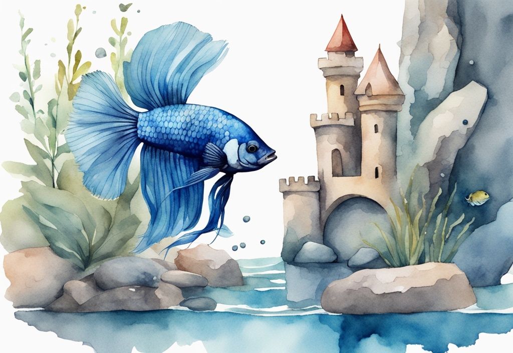 Illustration moderne d'un aquarium pour combattant avec un poisson Betta vibrant, des plantes, des rochers et un petit château, thème principal bleu.