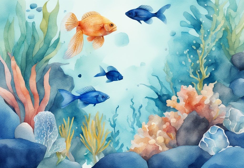 Illustration aquarelle moderne d'un monde sous-marin avec une plante filtrante aquarium, entourée de poissons colorés, de galets lisses et de trésors cachés.