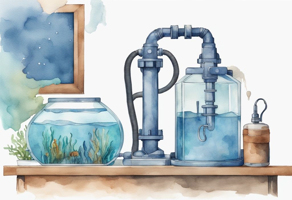 Illustration moderne en aquarelle bleue montrant une pompe aquarium ne fonctionne plus après nettoyage, démontée à côté d'un aquarium.