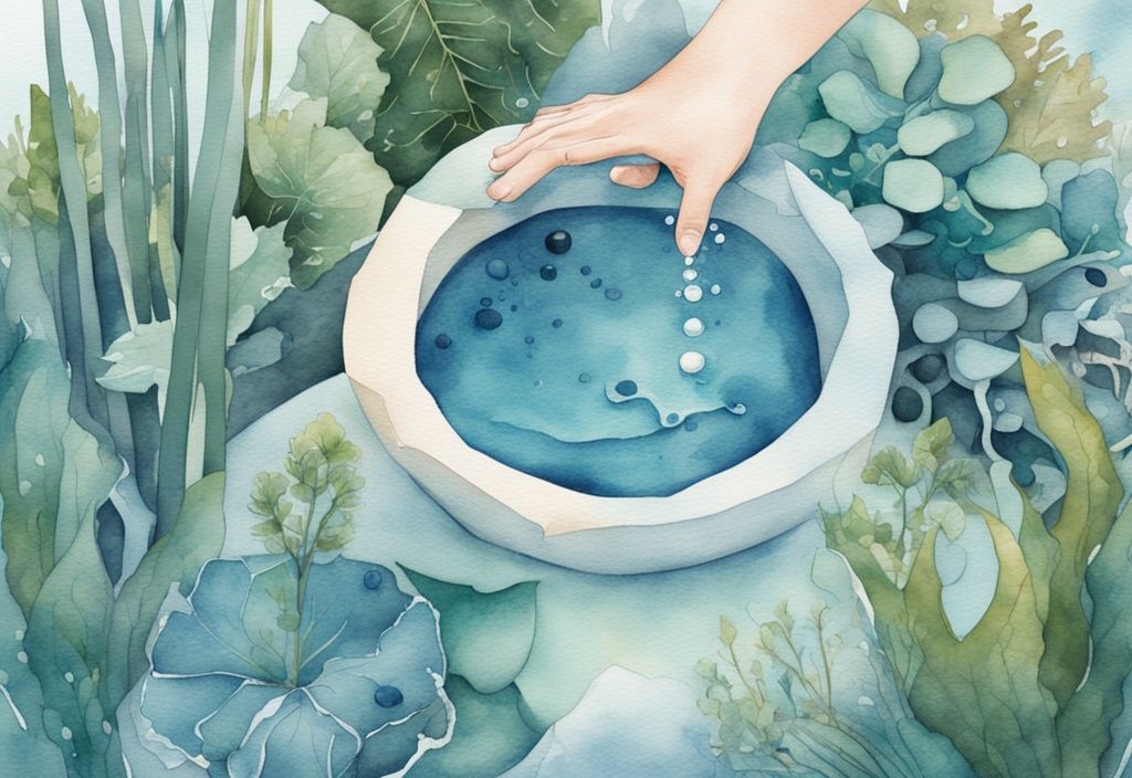 Illustration aquarelle moderne montrant des mains plaçant un bulleur dans un aquarium rempli d'eau et de plantes aquatiques, thème bleu