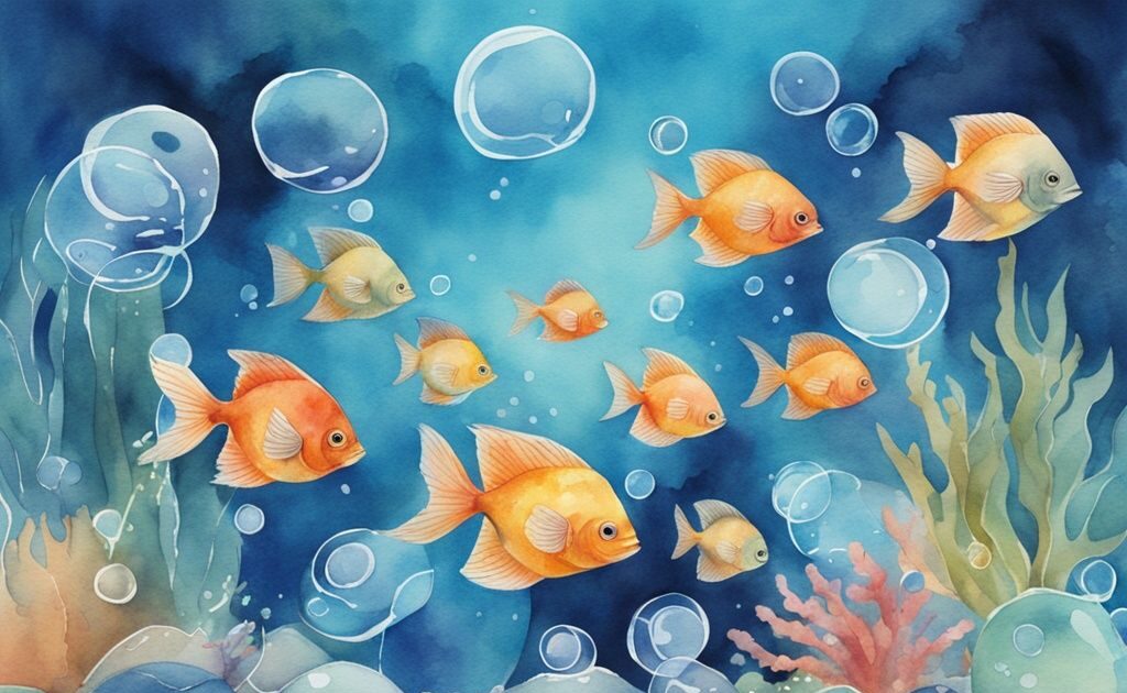 Illustration aquarelle moderne de poissons colorés nageant parmi des bulles dans un aquarium, soulignant l'importance de l'oxygène poisson dans leur environnement aquatique.