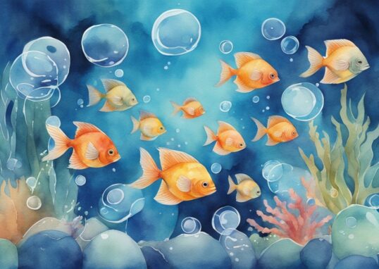 Illustration aquarelle moderne de poissons colorés nageant parmi des bulles dans un aquarium, soulignant l'importance de l'oxygène poisson dans leur environnement aquatique.