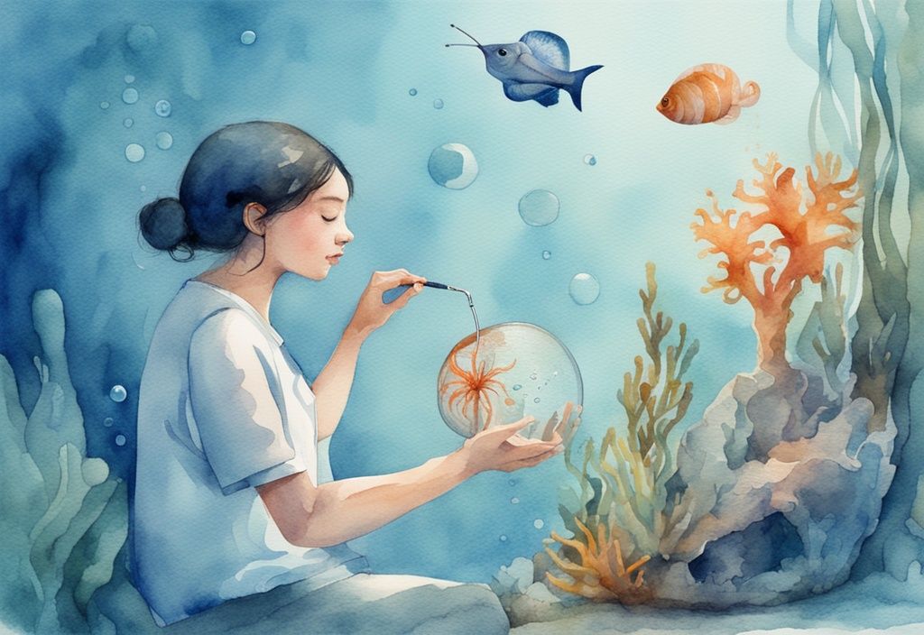 Illustration moderne en aquarelle d'une personne extrayant délicatement un escargot d'un aquarium lumineux avec un petit filet, thème bleu.