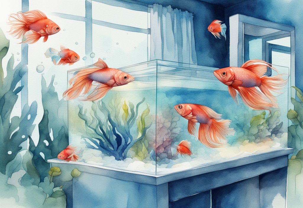 Illustration moderne en aquarelle avec un aquarium pour combattant 20l vibrant et bien éclairé, rempli de poissons colorés, thème principal bleu.