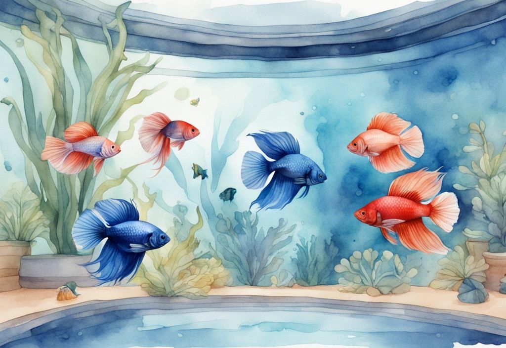 Illustration aquarelle moderne de bettas femelles de différentes couleurs nageant dans un aquarium spacieux et bien décoré, répondant à la question combien de betta femelle dans un aquarium.