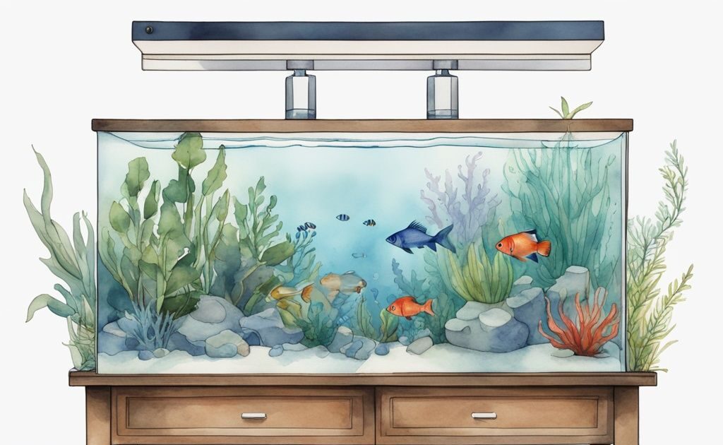 Illustration moderne en aquarelle d'un aquarium sur une table, avec des poissons colorés, des plantes vertes et des processus du cycle de l'azote aquarium visibles.