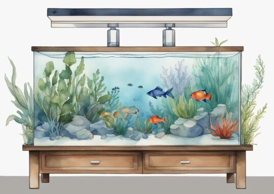 Illustration moderne en aquarelle d'un aquarium sur une table, avec des poissons colorés, des plantes vertes et des processus du cycle de l'azote aquarium visibles.