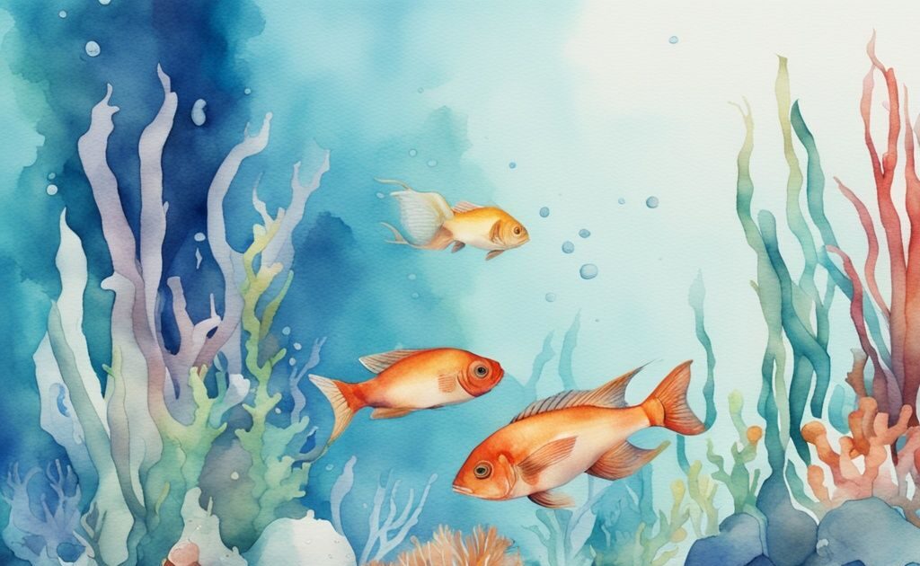 Illustration moderne en aquarelle, exhausteur aquarium en gros plan dans un aquarium coloré avec des poissons nageant à proximité.