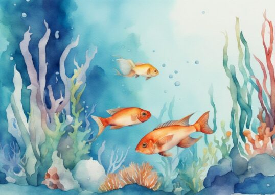 Illustration moderne en aquarelle, exhausteur aquarium en gros plan dans un aquarium coloré avec des poissons nageant à proximité.