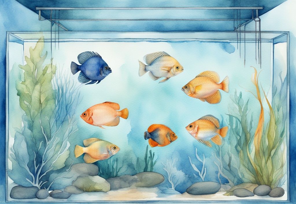 Illustration moderne en aquarelle montrant combien de gourami dans un aquarium spacieux et bien décoré, avec des gouramis colorés nageant, thème principal bleu.