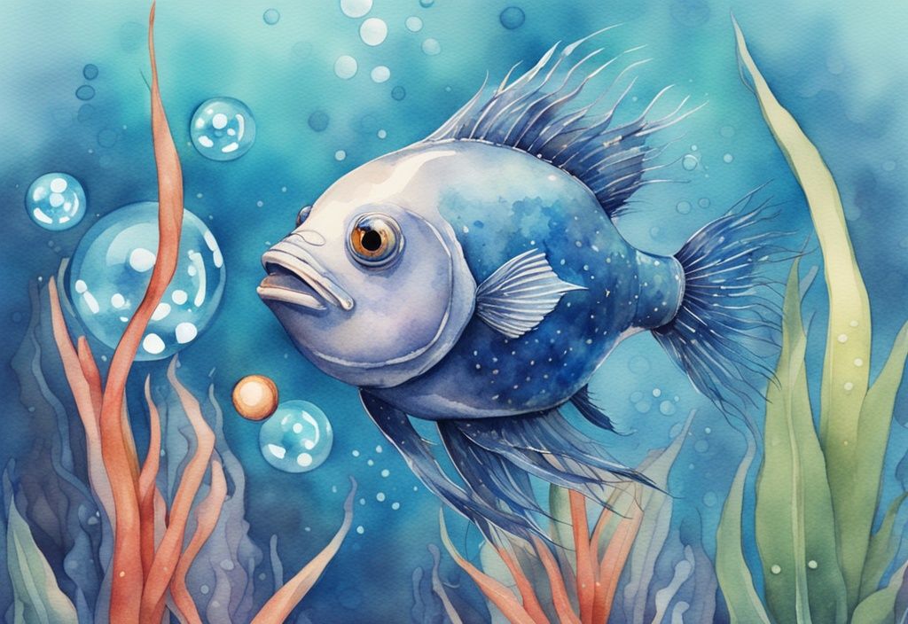 Illustration moderne en aquarelle d'un poisson intrigant aux yeux globuleux et nageoires épineuses dans un aquarium en verre, entouré de plantes aquatiques vibrantes et de bulles doucement illuminées, thème de couleur bleu.