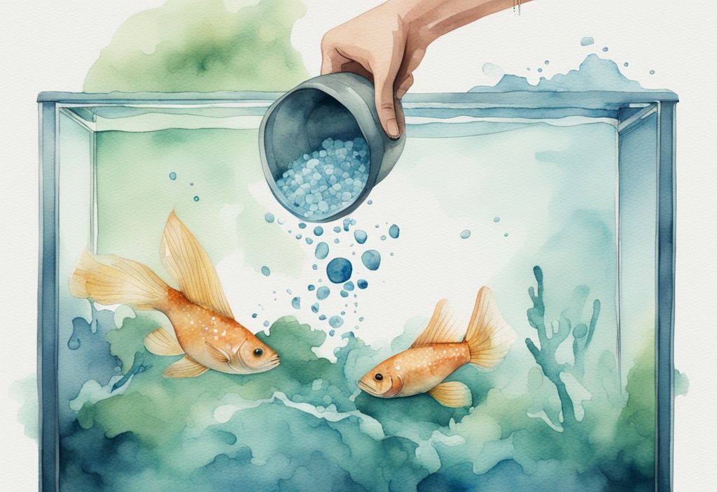 Illustration moderne aquarelle bleue montrant une main versant du sel dans un aquarium eau verte mettre du sel.