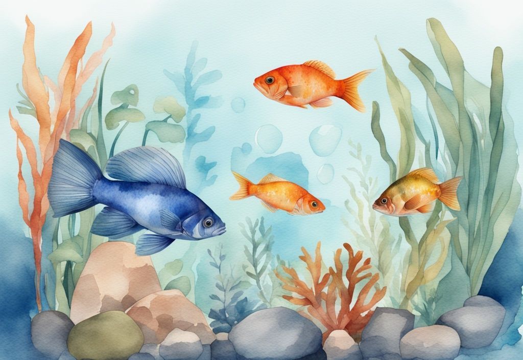 Illustration moderne en aquarelle de poissons d'eau douce chaude nageant librement dans un aquarium de 60l décoré de plantes aquatiques vives et de galets.