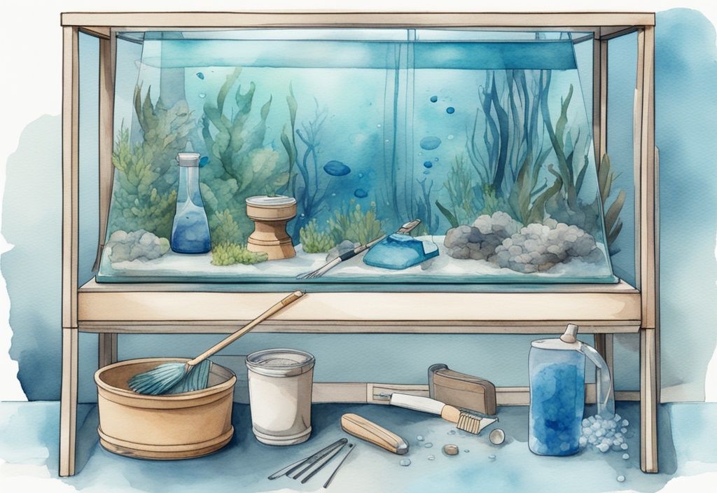 Illustration moderne en aquarelle montrant les étapes de nettoyage d'un aquarium vide avec des brosses, éponges, verre impeccable et eau propre prête à remplir le réservoir.