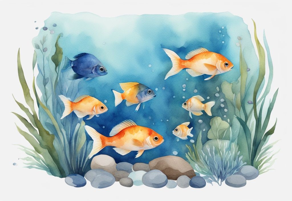 Illustration moderne aquarelle bleue avec petit poisson aquarium eau douce, plantes aquatiques et galets.