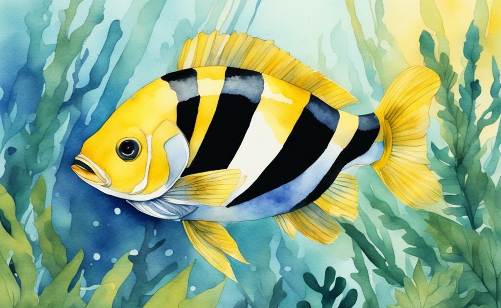 Illustration aquarelle moderne avec un poisson jaune et noir eau douce nageant parmi une végétation luxuriante sous-marine.