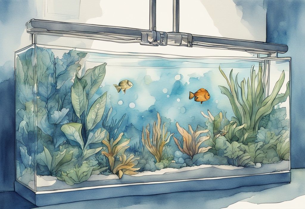 Illustration moderne en aquarelle avec des plantes de surface aquarium flottant dans un grand aquarium éclairé.