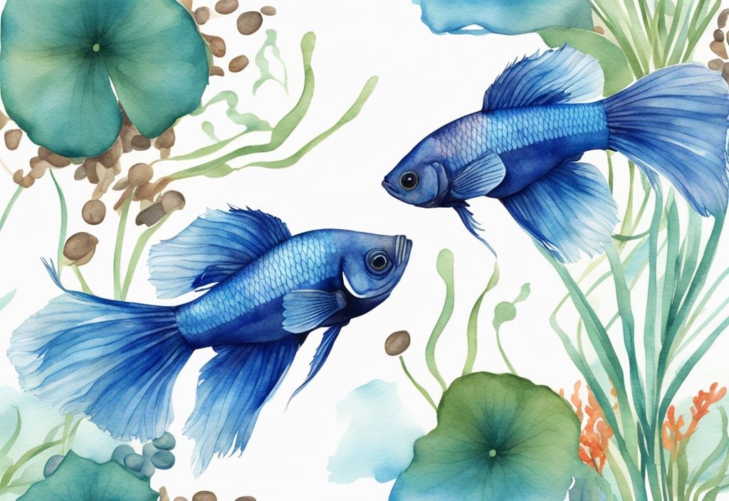 Illustration moderne en aquarelle d'un poisson Betta vibrant nageant gracieusement dans un aquarium de 20 litres, avec des plantes aquatiques et des galets lisses au fond, thème de couleur bleu.