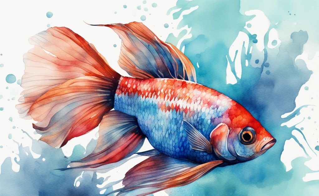 Illustration moderne en aquarelle avec un aquarium pour combattant 20l vibrant et bien éclairé, rempli de poissons combattants colorés, thème bleu.