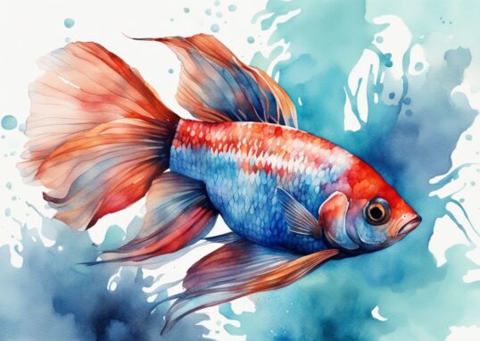 Illustration moderne en aquarelle avec un aquarium pour combattant 20l vibrant et bien éclairé, rempli de poissons combattants colorés, thème bleu.