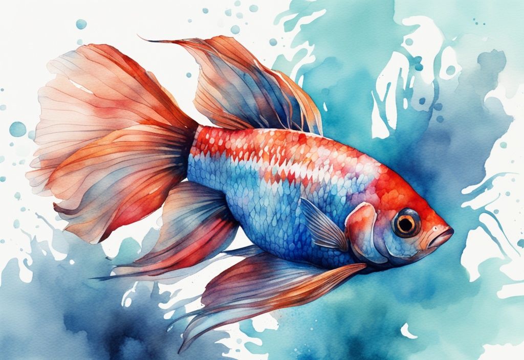 Illustration moderne en aquarelle avec un aquarium pour combattant 20l vibrant et bien éclairé, rempli de poissons combattants colorés, thème bleu.