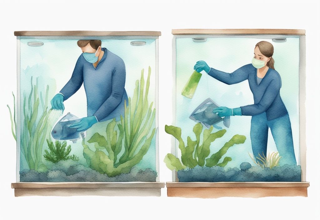 Illustration moderne en aquarelle d'une paire de mains nettoyant un aquarium avec un grattoir à algues, montrant avant et après nettoyage, thème bleu.