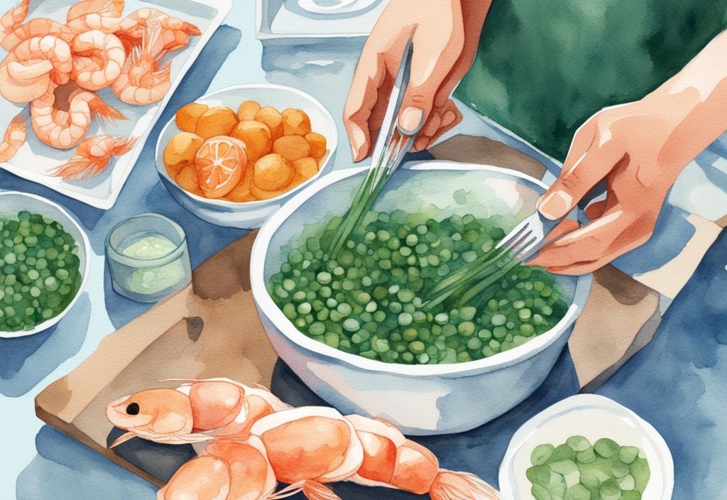 Illustration moderne en aquarelle de mains préparant un mélange de pois, épinards et crevettes dans une cuisine, symbolisant de la nourriture maison pour poissons rouges.