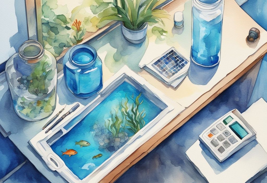 Illustration moderne en aquarelle d'un aquarium bien approvisionné vu de dessus, avec un testeur de pH numérique affichant une lecture élevée et une bouteille de produit pour abaisser le pH à proximité.