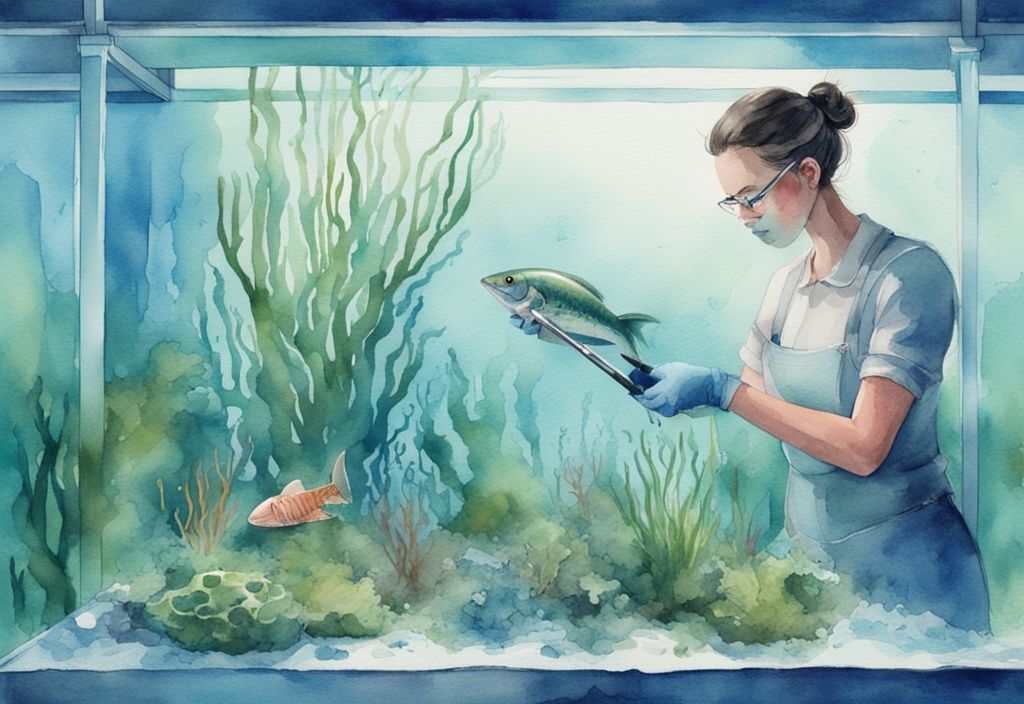 Illustration moderne en aquarelle d'une personne nettoyant les algues dans un aquarium avec des outils professionnels - comment se débarrasser des algues dans un aquarium.