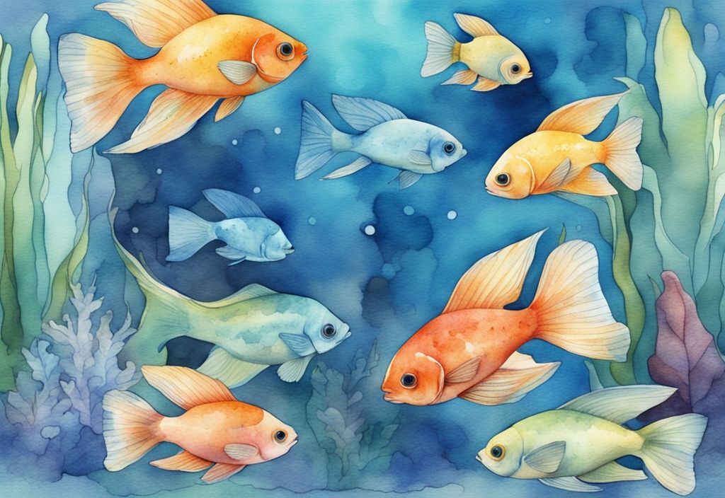 Illustration moderne en aquarelle de rare poisson aquarium eau douce colorés nageant dans un aquarium décoré.