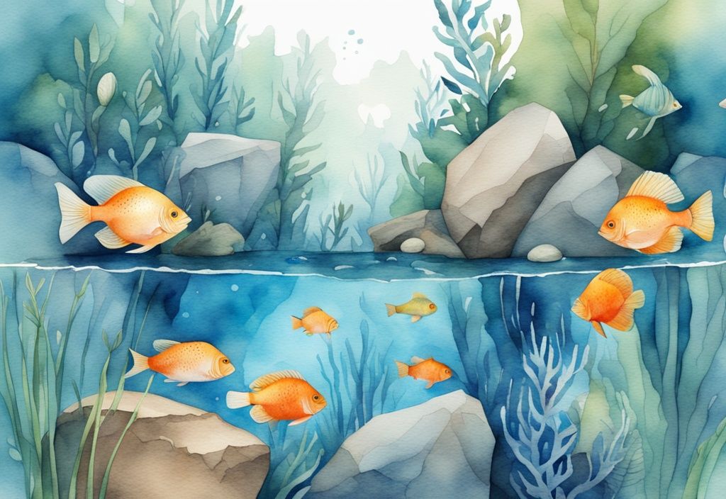 Illustration aquarelle moderne de poissons d'aquarium d'eau douce colorés nageant dans un paysage sous-marin luxuriant de végétation et de rochers, thème bleu.