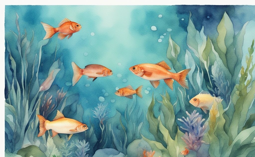 Illustration moderne en aquarelle de poissons colorés eau douce nageant paisiblement parmi des plantes aquatiques luxuriantes dans un aquarium bien éclairé.