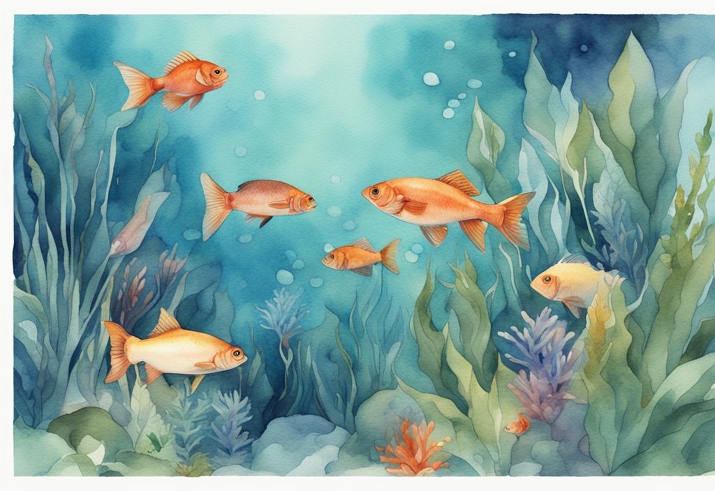 Illustration moderne en aquarelle de poissons colorés eau douce nageant paisiblement parmi des plantes aquatiques luxuriantes dans un aquarium bien éclairé.