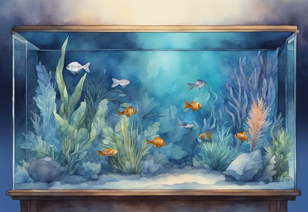 Illustration moderne en aquarelle d'un aquarium illuminé de lumière bleue, montrant les effets sur différentes espèces de poissons et plantes aquatiques.