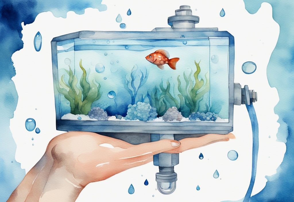 Illustration moderne en aquarelle d'une main tenant une pompe d'aquarium démontée avec des gouttes d'eau et un aquarium en arrière-plan, thème bleu.