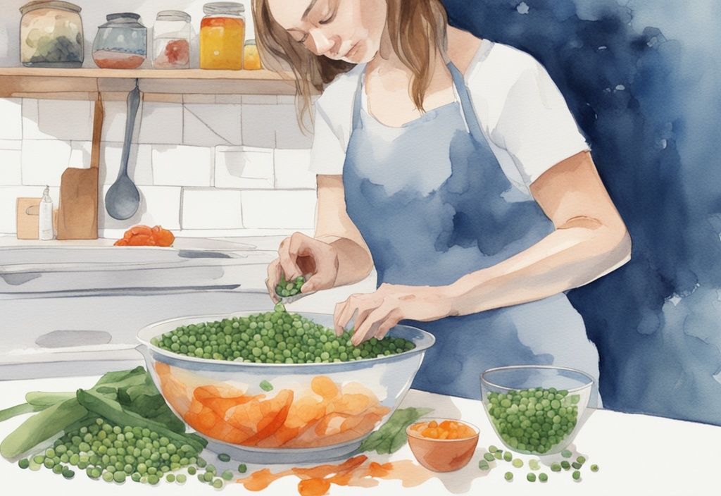 Illustration moderne en aquarelle montrant des mains préparant un mélange de légumes hachés fins et de pois bouillis dans une cuisine bien éclairée avec un bol en verre contenant un poisson rouge à proximité, nourriture poisson rouge fait maison.