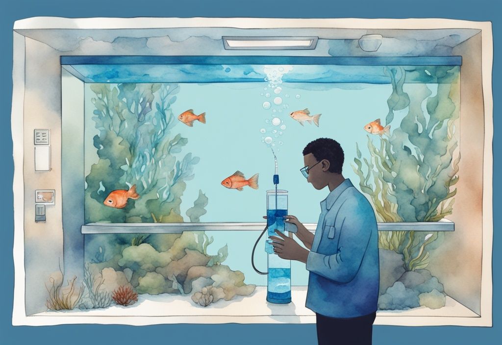 Illustration moderne d'aquarelle d'une personne testant l'oxygène d'un aquarium rempli de poissons sains, avec des bulles provenant d'une pompe à oxygène sous-marine, thème bleu.