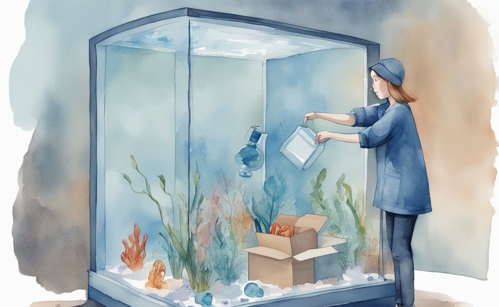 Illustration moderne en aquarelle avec une personne soulevant un aquarium vide, entourée de matériel d'emballage comme du papier bulle, une boîte de déménagement et un chariot, montrant comment déménager un aquarium.