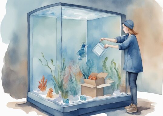 Illustration moderne en aquarelle avec une personne soulevant un aquarium vide, entourée de matériel d'emballage comme du papier bulle, une boîte de déménagement et un chariot, montrant comment déménager un aquarium.