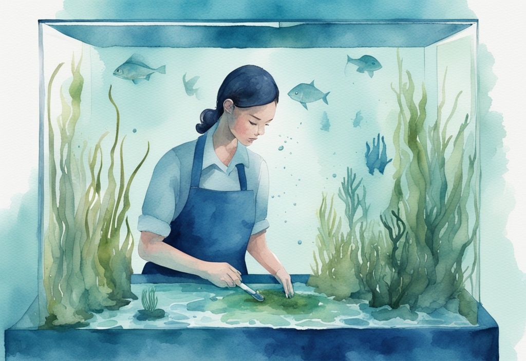 Illustration aquarelle moderne en bleu montrant une personne nettoyant les algues à l'intérieur d'un aquarium lumineux avec des outils professionnels, comment se débarrasser des algues dans un aquarium.