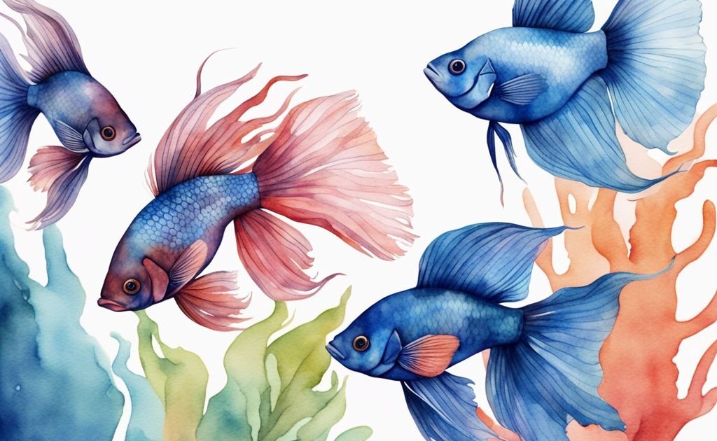 Illustration aquarelle moderne de bettas femelles de couleurs variées nageant dans un aquarium spacieux et bien décoré, combien de betta femelle dans un aquarium.