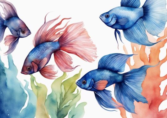 Illustration aquarelle moderne de bettas femelles de couleurs variées nageant dans un aquarium spacieux et bien décoré, combien de betta femelle dans un aquarium.