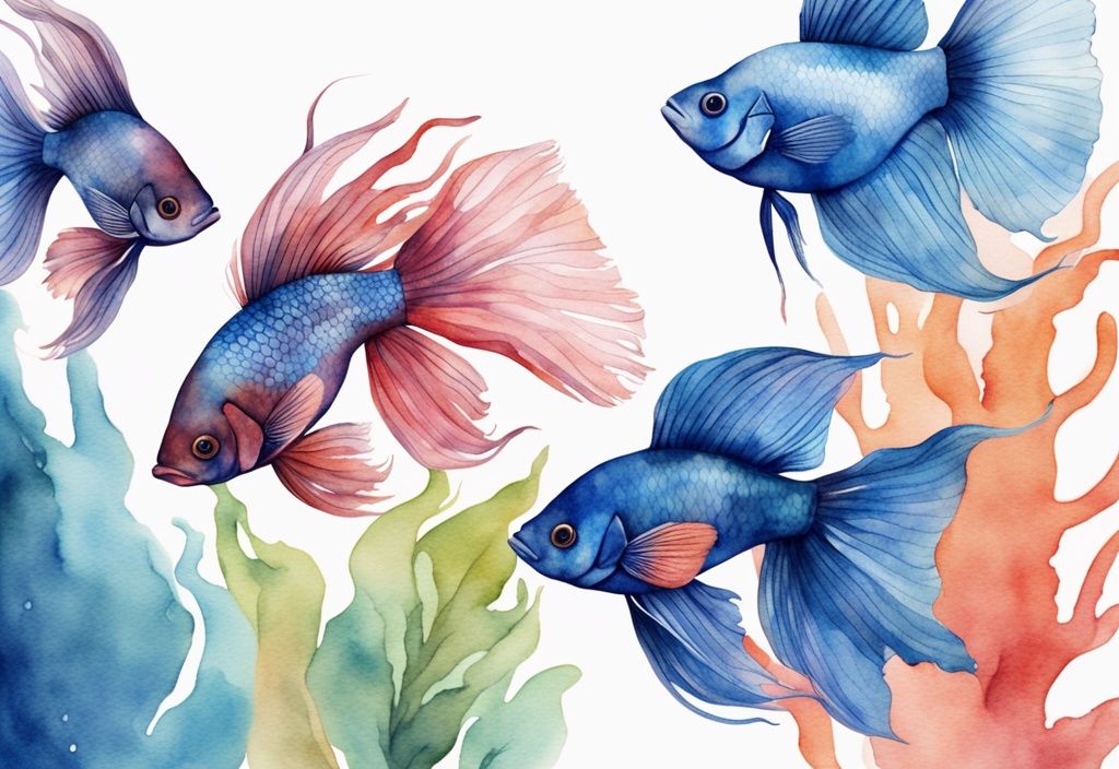 Illustration aquarelle moderne de bettas femelles de couleurs variées nageant dans un aquarium spacieux et bien décoré, combien de betta femelle dans un aquarium.