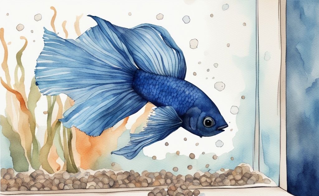 Illustration aquarelle moderne en bleu d'un betta léthargique reposant au fond de l'aquarium, pellets de nourriture ignorés flottant au-dessus, mon combattant ne mange plus et reste au fond.