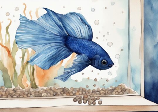 Illustration aquarelle moderne en bleu d'un betta léthargique reposant au fond de l'aquarium, pellets de nourriture ignorés flottant au-dessus, mon combattant ne mange plus et reste au fond.