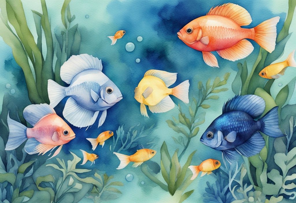 Illustration moderne en aquarelle de poissons d'aquarium colorés comme le guppy, le betta et le poisson-ange nageant parmi des plantes aquatiques luxuriantes, thème bleu.