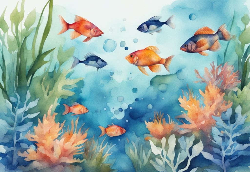 Illustration moderne en aquarelle d'une scène sous-marine animée avec des poissons d'eau douce colorés nageant parmi des plantes aquatiques luxuriantes, thème bleu.