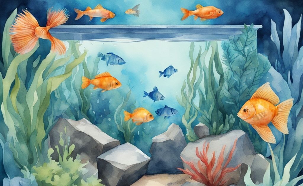 Illustration aquarelle moderne d'un aquarium avec une pompe Inwa stone qui ne fonctionne plus, entourée de plantes aquatiques vibrantes et de poissons colorés.