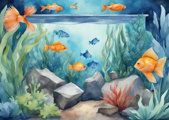 Illustration aquarelle moderne d'un aquarium avec une pompe Inwa stone qui ne fonctionne plus, entourée de plantes aquatiques vibrantes et de poissons colorés.