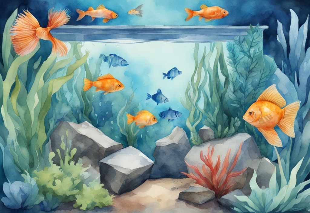 Illustration aquarelle moderne d'un aquarium avec une pompe Inwa stone qui ne fonctionne plus, entourée de plantes aquatiques vibrantes et de poissons colorés.